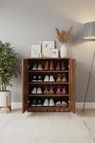 Image of Wooden Shoe Rack with Doors | Compact Shoe Cabinet for Home Entryway & Living Room | Modern Closed Shoe Storage Unit in Walnut Finish (76 x 60 x 32 cm) (Dark Asain, 4 Shelves) DIY