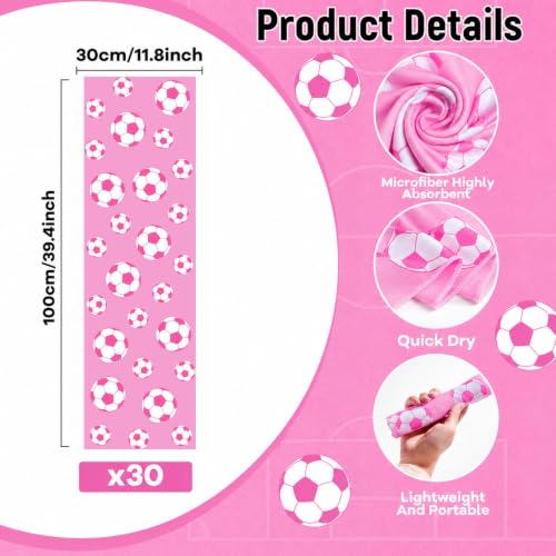 Image of 30Pcs Pink Soccer Ball Cooling Towels for Neck and Face 40 x 12 Inch Sports Team Gifts Sweat Microfiber Workout Ice Towel for Gym Pink Breathable Chilly Bulk Neck Wraps for Athletes Camping Outdoor