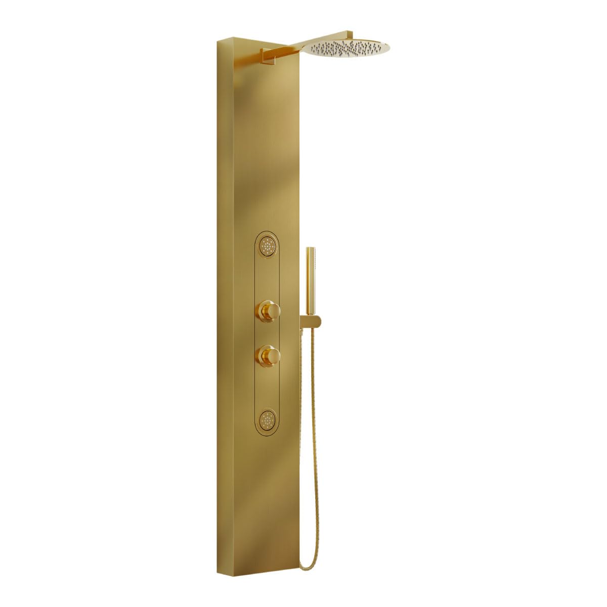 Colonna pannello doccia in acciaio inox con doccetta, flessibile e getti orizzontali massage modello andromeda, Oro Satinato