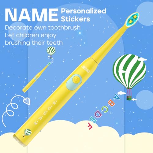 Seago Kids Electric Toothbrush 3 5 6 8 9 10 12, Childrens Rechargeable Battery Toothbrushes with Funny DIY Stickers, 2 Mins Timer, 8 Replacement Brush Heads, for Boys Girls Teenagers, SG2303(Yellow) - Image 4