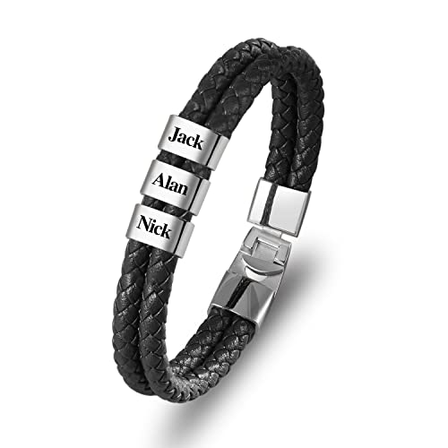 Dreamdecor Personalized Mens Leather Bracelet With Custom Beads - Engraved Names Jewelry, Customized Gifts For Dad Men #TOP7