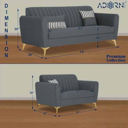 Image of Adorn India Premium Luster 3-2 Sofa Set | Velvet Suede Fabric | 3-Year Warranty | Color Dark Grey with Golden Legs & Striped Pattern Cushion