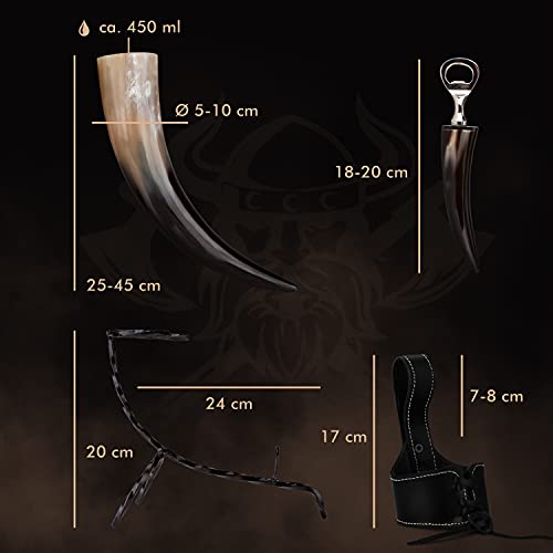 VIKING CRAFT® Trinkhorn Wikinger ca. 450ml - Extra Großes 5-teiliges Horn Set für Met Honigwein mit Ständer – Methorn Wikinger Deko, LARP Mittelalter Bierkrug, Honigmet