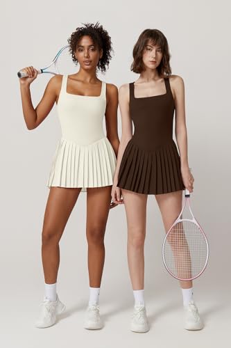 Image of QINSEN Womens Square Neck Tennis Dress Pleated Sleeveless Built in Shorts Golf Athletic Dress with Pockets