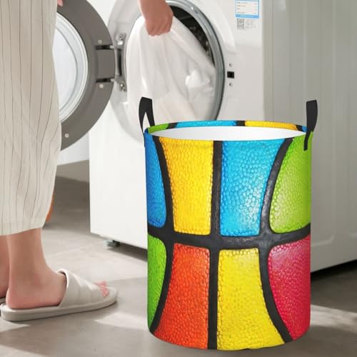 Image of Basketball Texture Colorful Round Laundry Hamper Sport Ball Storage Basket Toys Clothes Organizer Bin For Home Bathroom Bedroom Dorm Nursery, 62l
