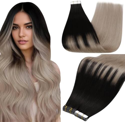 Full Shine Ombre Tape in Hair Extensions 12Inch Real Human Hair Tape in Extensions Color 1B/18 Black Fading to Ash Blonde Balayage Hair Extension Real Human Hair 20Pcs 30G Seamless Skin Weft Soft Hair