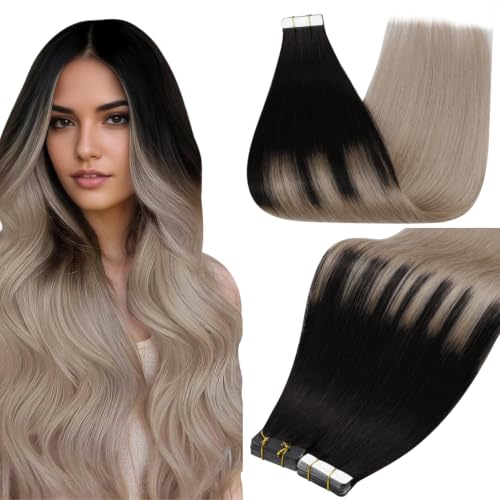 Full Shine Human Hair Tape In Extensions, Black Ash Blonde 16 Inch | 50G 20Pcs, Remy Hair Extensions Real Human Hair, Invisible Skin Weft, Seamless Blend, Event Styling