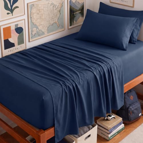 Image of CozyLux 4-Piece Twin XL Sheets, Fits 18-21 Inch Mattresses, Oeko-TEX | 2 Pillowcases, 1 Flat Sheet and 1 Fitted Sheet with All-Around Elastic and 21-Inch Deep Pocket for a Secure Fit, Navy