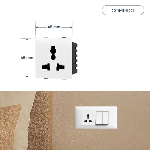 Image of MX 3 Pin Universal Socket with Shutter | 2 Module, 45x45 mm Modular Wall Plate | 6A /13A 250V Electrical Socket | Child Safety, Durable, Compatible with Standard Modular Boxes