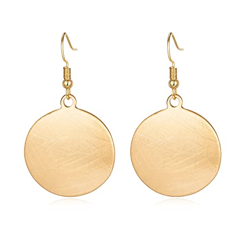 SUNLAND Handmade Teardrop Earrings with Brushed Finished Dangle Earring Brushed Gold Silver Rose Gold Colored Round Disc Shaped Drop Earring Hook Earring