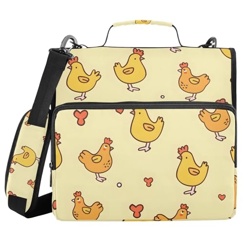 Image of 3 Ring Zipper Binder with Shoulder Strap Cute Chicken Yellow Farm 1.5 inch Binders Keeper Large Capacity Multi Pockets for School Office Supplies