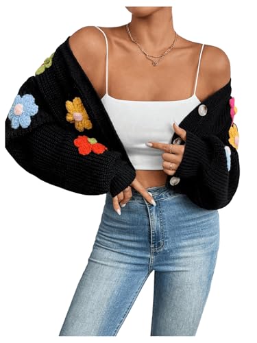 SHENHE Women's Button Down Lantern Sleeve V Neck Knitted Cropped Flower Cardigan Sweater4