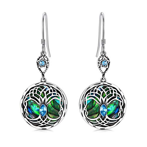 Celtic Tree of Life Earrings Sterling Silver Family Tree Dangle Drop Earrings with Birthstone Crystals, Birthday Jewelry Gifts for Women Her (Simulated Aquamarine)
