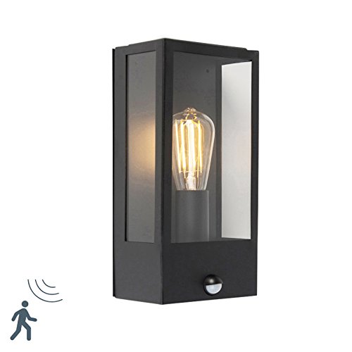 QAZQA Moderne Applique murale d'extérieur noir avec détecteur de mouvement IP44 - Rotterdam 1 verre/Acier inoxydable Noir Rectangulaire E27 Max. 1 x 60 Watt/Jardin/Luminaire/Lumiere/Éclai