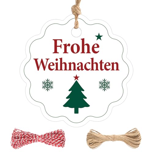 jijAcraft Frohe Weihnachten Geschenkanhänger Rund Blume: Weiß 6cm Weihnachtsanhänger für Geschenke 100 Stück Frohe Weihnachten Papieretiketten Tags mit Schnur für Weihnachtsbaum Party Dekoration