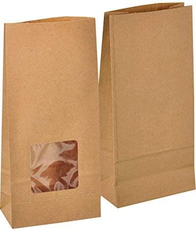 kgpack 50 Pack Brown Paper Bags 4.7 x 9.8 x 2.3" - 12x25x6cm with Window Recycled Plain Kraft Paper Bag Small Bags for Sweet Sandwich Snacks Biscuit Xmas Decorations Birthday Party Gift Food Lunch