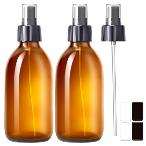 Amber Glass Spray Bottles about 9 oz, 2 Pack Glass Spray Bottle for Essential Oils, Small Spray Bottles for Cleaning Solutions, Plants, Hair with Durable Nozzle, Labels