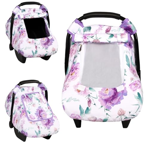 Image of Car Seat Cover Baby, HNHUAMING Infant Car Seat Covers Canopy for Baby Girl Boy, Cozy & Windproof Newborn Carseat Covers Minky Dot Backing Stroller Cover with Breathable Mesh Window, Purple Flower