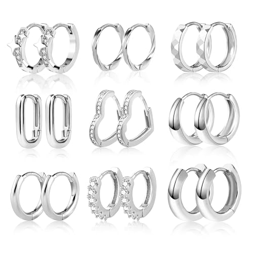 Boucles d'oreilles créoles en argent pour femmes, boucles d'oreilles créoles torsadées en argent brillant ensemble de petites Huggie hypoallergéniques pour...