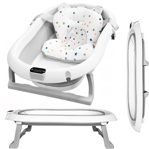 ALMAR Baby Bañera Plegable Bebé hasta 24 meses Gris con Termómetro Cojín Asiento Reductor para Recien Nacido con Patas Antideslizante Indicador de Temperatura Compacta