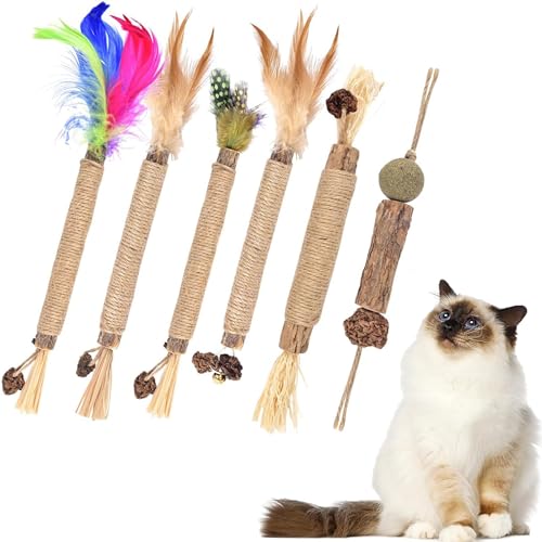 猫 おもちゃ 可愛い 噛むおもちゃ 爪とぎ かわいい 天然木 猫歯ぎしり棒 またたび 歯ぎしり棒 超軽量 猫遊びおもちゃ 運動不足解消 6個セット ペット用品