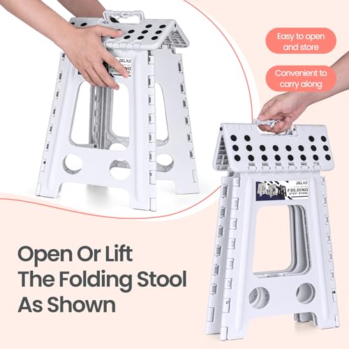 Image of Delxo 16 Inch Folding Step Stool, White Step Stools for Kids Foldable,Portable Collapsible Step Stool with Handle, Folding Stool for Kitchen Bathroom,Bedroom,Garden