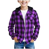 Boys Flannel Hoodie Shirts Plaid Button Down Jackets Long Sleeve Stylish Blouse Fall Winter Casual Tops with Pocket Purple