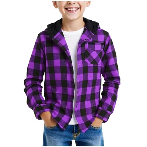 Boys Flannel Hoodie Shirts Plaid Button Down Jackets Long Sleeve Stylish Blouse Fall Winter Casual Tops with Pocket
