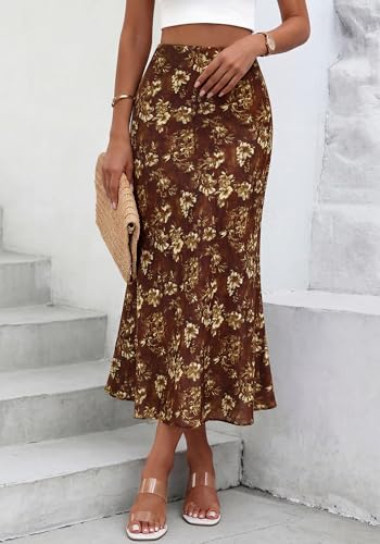Image of BTFBM Satin Skirts for Women Trendy 2026 Summer Fall | High Waisted A-Line Leopard Print,Floral Print, Business Casual,Cocktail,Wedding Guest,Long Silk Midi Skirt