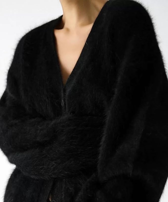 Image of Womens Fuzzy Sweaters Cardigan V-Neck Button Down Oversized Mohair Sweater Casual Y2k 2026 Fall Winter