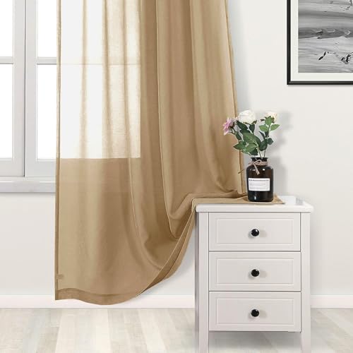 DWCN Semi Sheer Curtains, Grommet Top Window Drapes for Bedroom & Living Room, Faux Linen Look Voile Transparent Solid Curtains Set of 2 Panels 70 x 95 Inches Long, Taupe by DWCN - Image 2