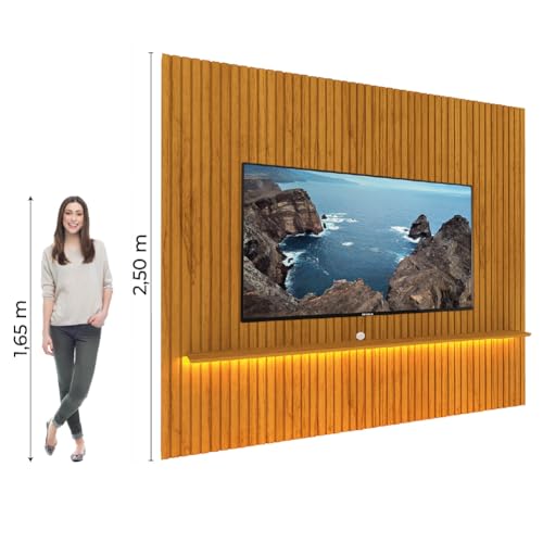 Painel Ripado Para TV Até 90 Polegadas Com Prateleira e LED Nobre Naturale Gelius