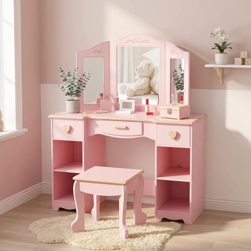 Garvee Coiffeuse Enfant Fille, Coiffeuse Enfant Princesse avec Miroir et Tabouret, Bureau 2 en 1 en Bois MDF Rose pour Chambre d'enfant, Idéal Cadeau...