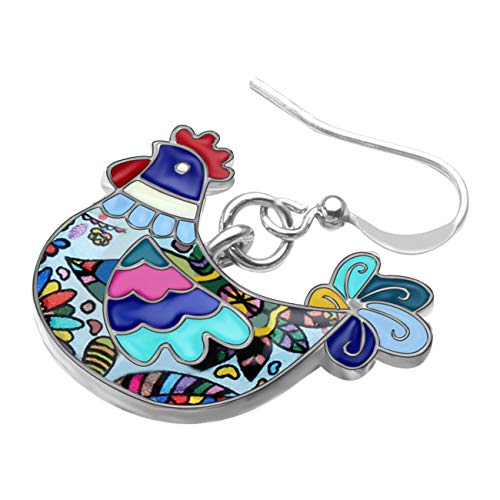 Enamel Alloy Cartoon Hen Chicken Earrings Drop Dangle Cute Farm Jewelry For Women Girls Charm Gift (Blue) #TOP3