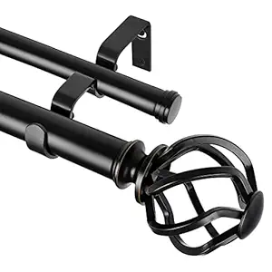 KAMANINA 1 Inch Double Curtain Rods 72 to 144 Inches (6-12 Feet) Window Telescoping Drapery Rod, Twisted Cage Finials, Black