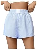 SOLY HUX Women's Striped Shorts Elastic High Waisted Casual Summer Shorts Blue Striped Medium
