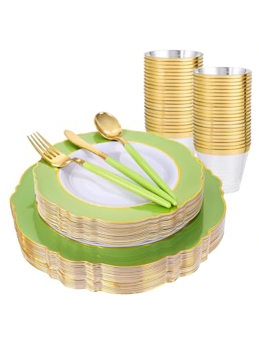 WDF 150Pcs Green Plates Disposable - Baroque Green and Gold