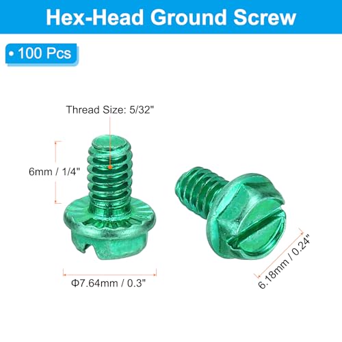 Image of PATIKIL 5 /32 x 1 /4 Inch Thread Ground Screws, 100 Pack Green Electrical Grounding Screw Slotted Hex Head Flanged for Home Electrical Lamp