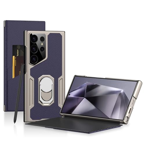 Image of Midkart Leather Flip Case Compatible with Samsung Galaxy S23 Ultra with Ring Holder Kickstand Card Holder Inner Hard PC Full Body and Camera Protection Case, Violet
