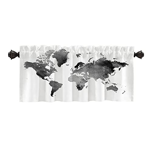 Batmerry Cortinas con cenefa de mapa del mundo gris y negro, diseño de mapa geográfico en blanco y negro, cenefas de cocina, cenefas de cocina, cortinas opacas de poliéster multicapa para sala de