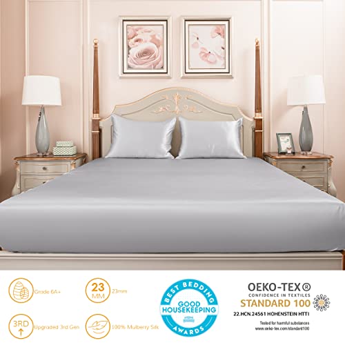 Promeed Grade 6A Mulberry Silk Twin Sheets Fitted Only With Deep Pocket, Premium 22 Momme Silk Fitted Sheet Fits Mattress Up To 16 Inch (Light Grey, Twin) #TOP1
