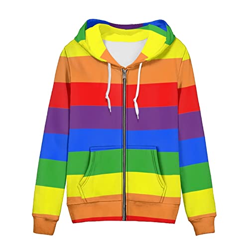 SCRAWLGOD Damen Zip Up Hoodie Oversized Sweatshirt Casual Langarm Tops Jacke mit Taschen, Rainbow Pride, 38
