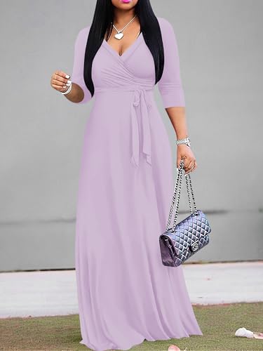 Image of Plus Size Maxi Dress for Women V Neck 3 /4 Sleeve Wrap Dress