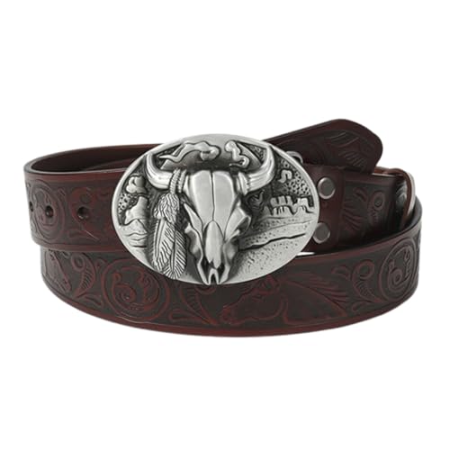 Ceinture cuir de vache boucle tête de mort taureau sangle gravée floral