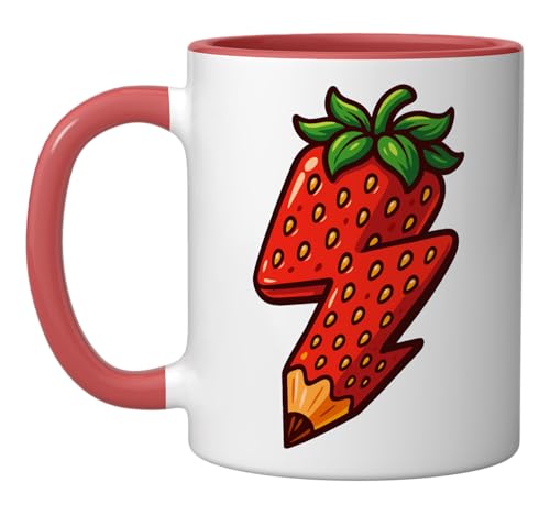 Strawberry Lightning Bolt Pencil Teacher or Student Ceramic Mug, Red/White