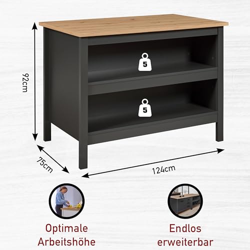 Inter Link - Kücheninsel - Mittelinsel - Arbeitsplatte - Küchenschrank mit Regalen - Melaminbeschichtet - Länge 124cm - Höhe 82 cm - Tiefe 75 cm - Nellina - Anthrazit/Eiche Artisan