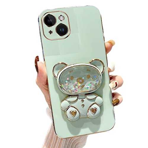 Rnrieyta Miagon Orso Specchio Cavalletto Custodia per iPhone 14,Elettrolitico Sabbie Mobili Glitter Cover Morbida Sottile Silicone Protettiva Case con Specchio Stand Supporto