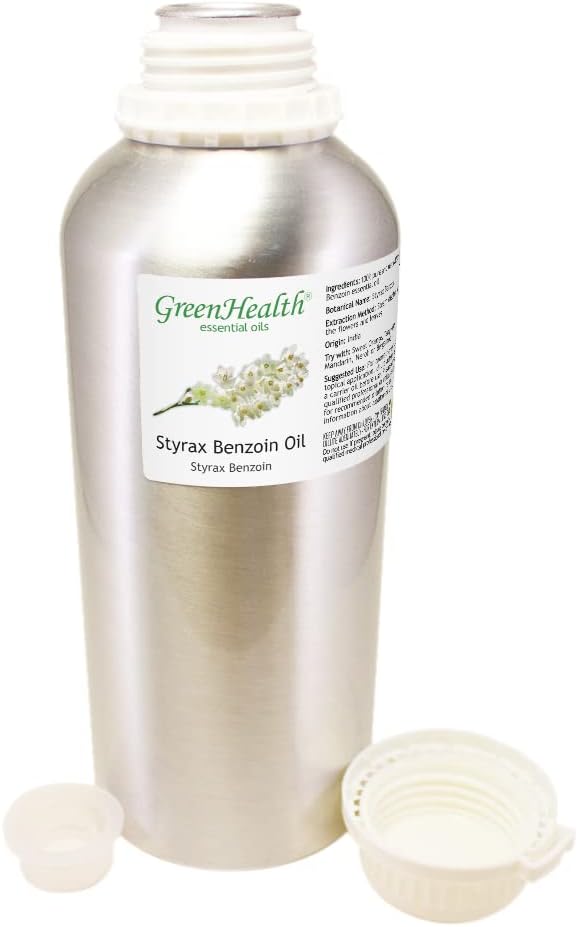 Styrax Benzoin – 32 fl oz (946 ml) Aluminum Bottle w/Plug Cap – 100% Pure Essential Oil – GreenHealth