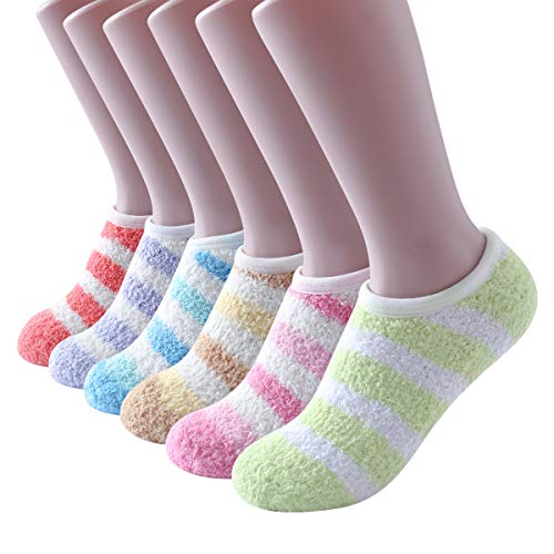 SKOLA 6 Cozy Winter Fuzzy Women Socks,Grip Slippers,Fluffy House Non Skid(Colorful Striped 6Pairs)