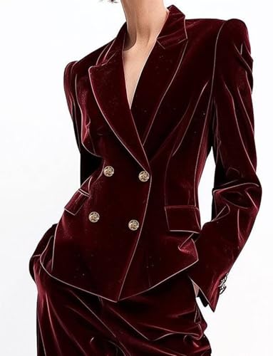 Women's Velvet Suit 2-Piece Set Casual Business Office Double Breasted Jacket and Pants2